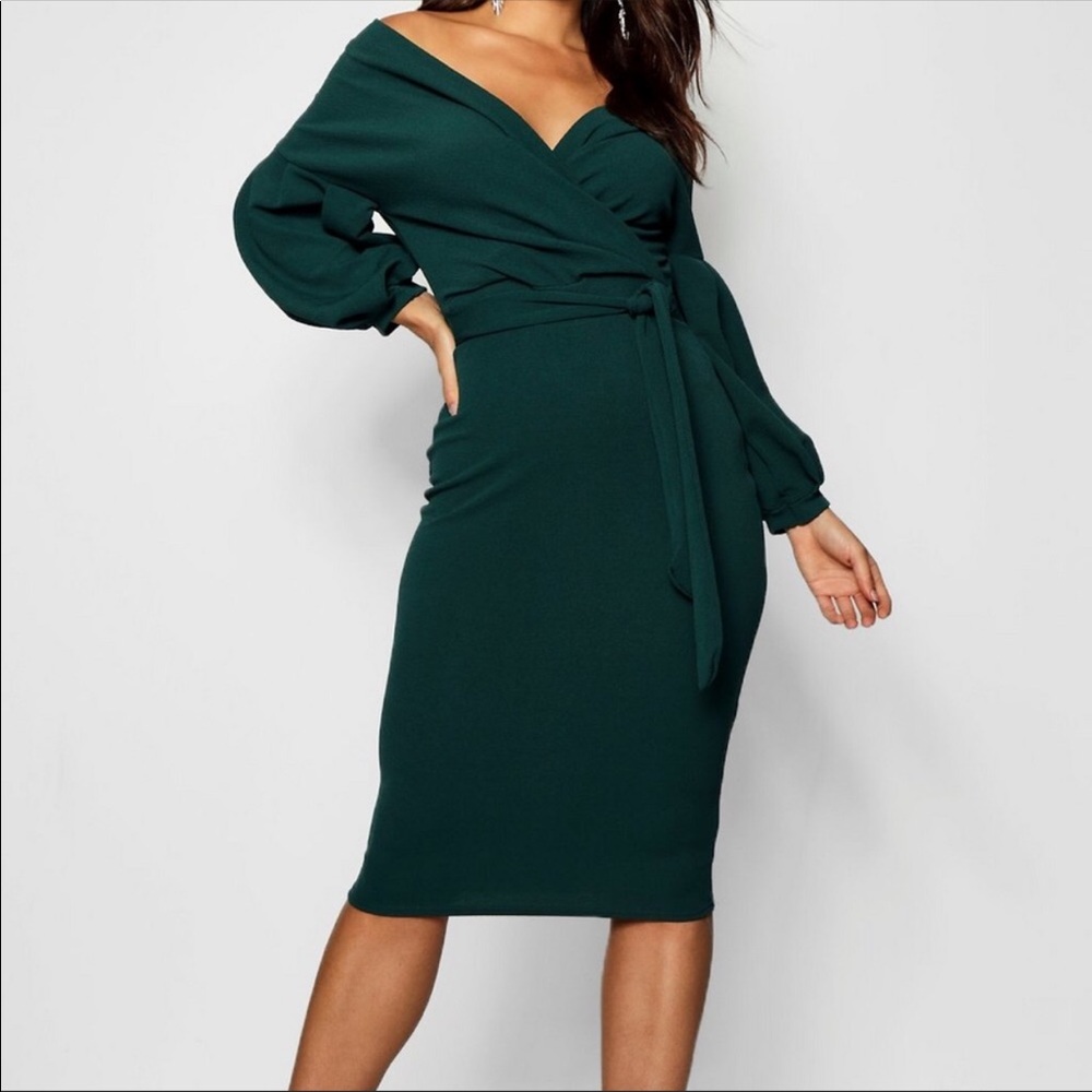 Emerald Green Off-The-Shoulder Midi Dress